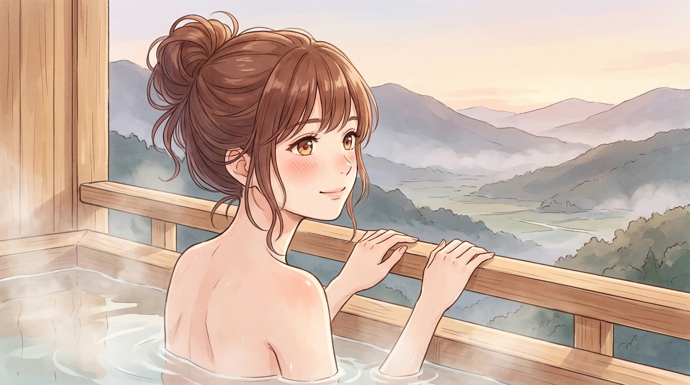 単純温泉の露天風呂でくつろぐこはる